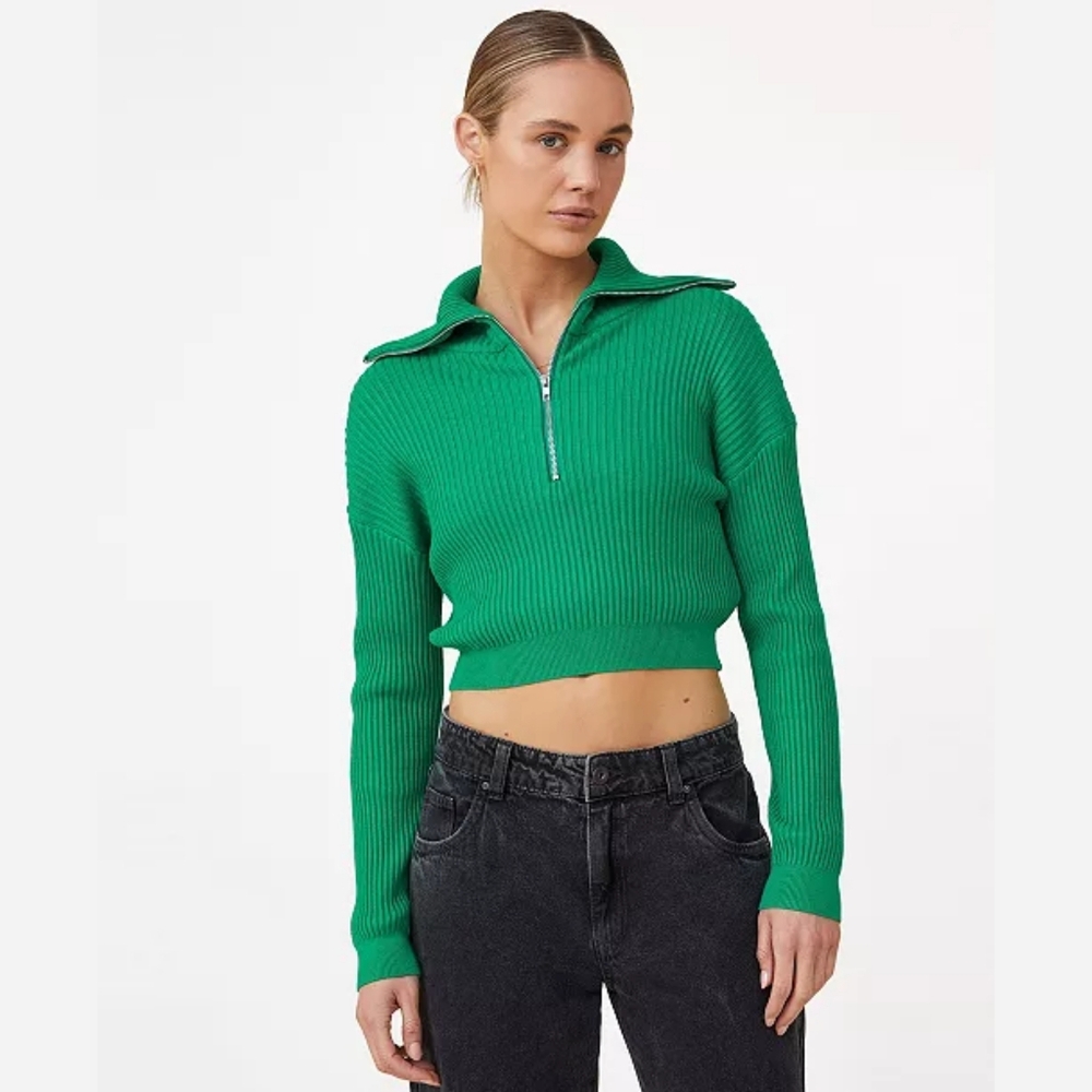 Cotton On Crop Rib Zip Collar Sweater